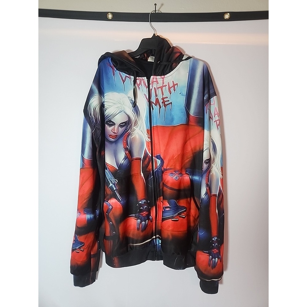 RARE HARLEY QUINN Graphic Art All-Over Print Zip-up Hoodie Mens 3XL